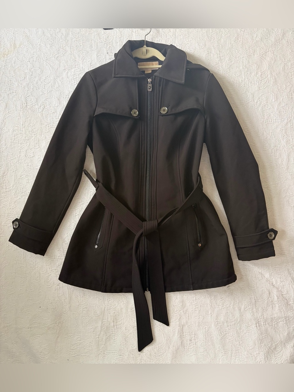 Michael Kors Black Trench Coat Jacket Size Small Lined w/ Hood Belt Full Zip